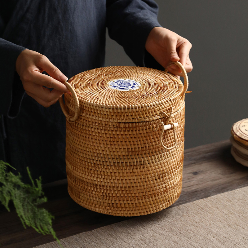 Food Snacks That Are Green - 뚜껑이있는 손으로 짠 등나무 차 보관