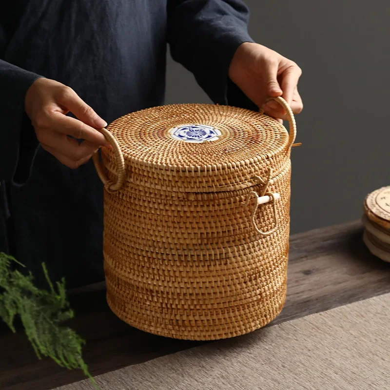 Food Snacks That Are Green - 손으로 짠 라탄 차 보관함(뚜껑 포함)